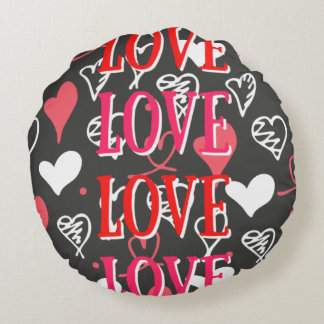 Black Red & Pink "Love" Phrase Print Round Pillow
