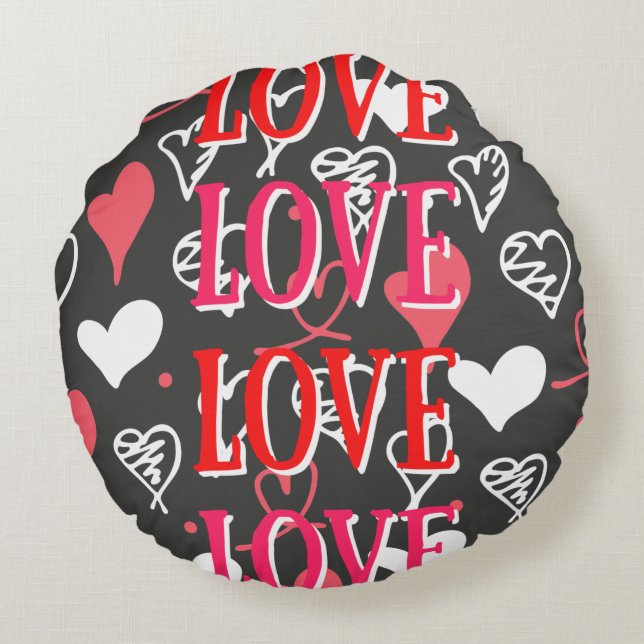 Black Red & Pink "Love" Phrase Print Round Pillow (Back)