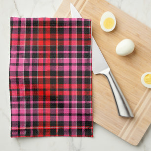 Black Red Pink Plaid Tartan Design  Tea Towel
