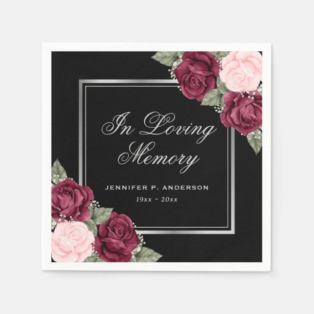 Black Red Pink Silver Floral Memorial Funeral Napkin (Front)