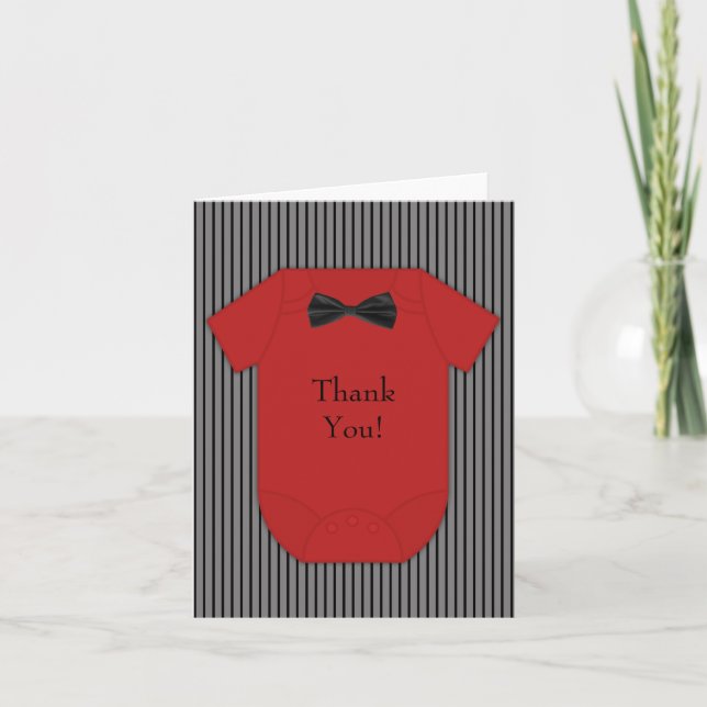 Black Red Pinstripe Baby Boy Thank You Cards (Front)
