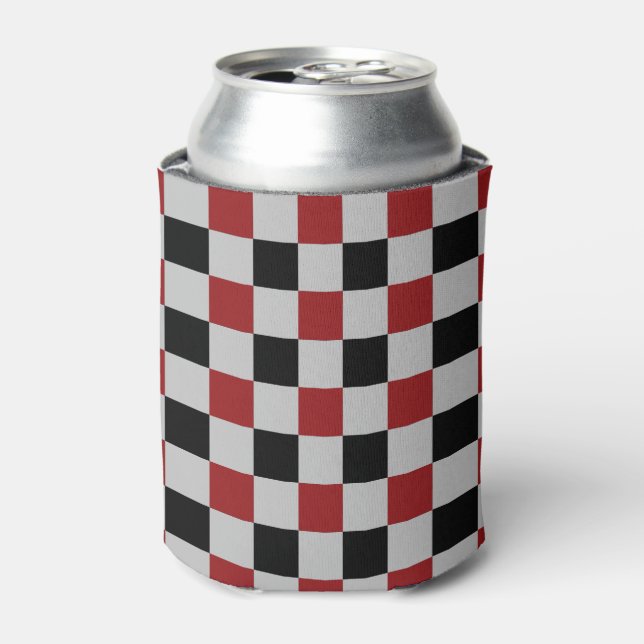 Black Red Plaid Check Can Cooler Sports Design (Can Front)