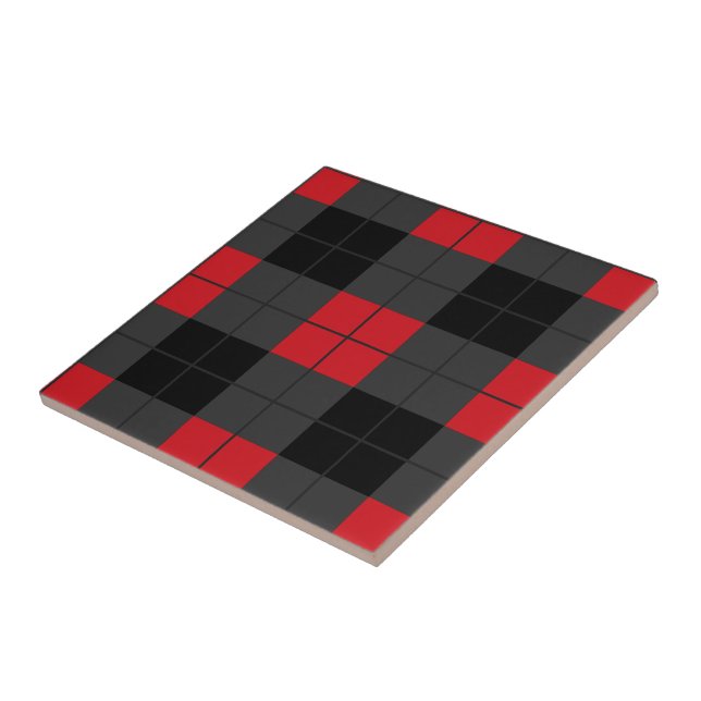 Black Red Plaid Check Ceramic Tile (Side)