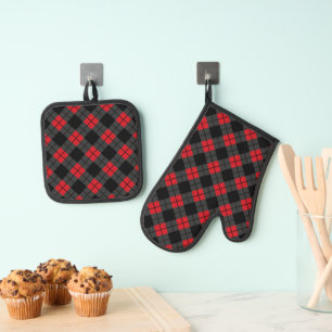 Black Red Plaid Check Pattern Oven Mitt & Pot Holder Set