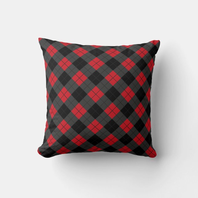 Black Red Plaid Check Throw Pillow (Front)