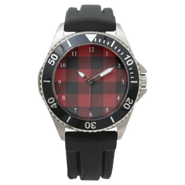 Black & Red Plaid Checked - Fashion Watch (Front)