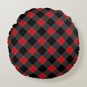 Black & Red Plaid Checked Round Cushion