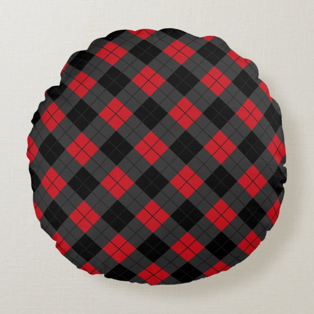 Black & Red Plaid Checked Round Cushion (Front)