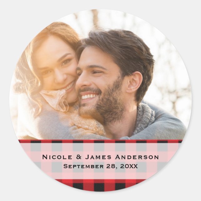 Black & Red Plaid Chequered Modern Wedding Favour Classic Round Sticker (Front)