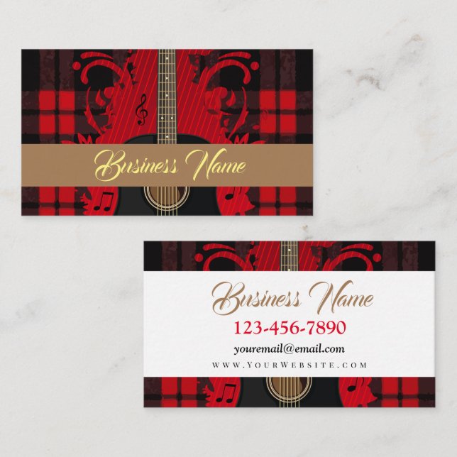 Black Red Plaid Guitar Music Notes Rustic Design Business Card (Front/Back)
