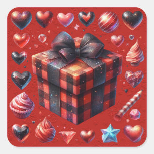 Black Red Plaid Valentine Hearts and Sweets Square Sticker