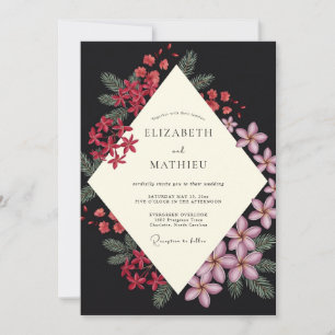 Black Red Plumeria Eucalyptus Wedding Invitation