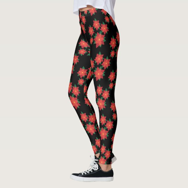 Black Red Poinsettia Christmas Holiday Leggings (Left)