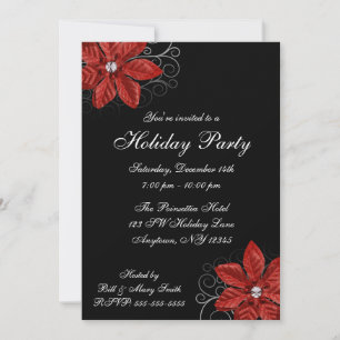 Black Red Poinsettia Swirls Holiday Party Invitation