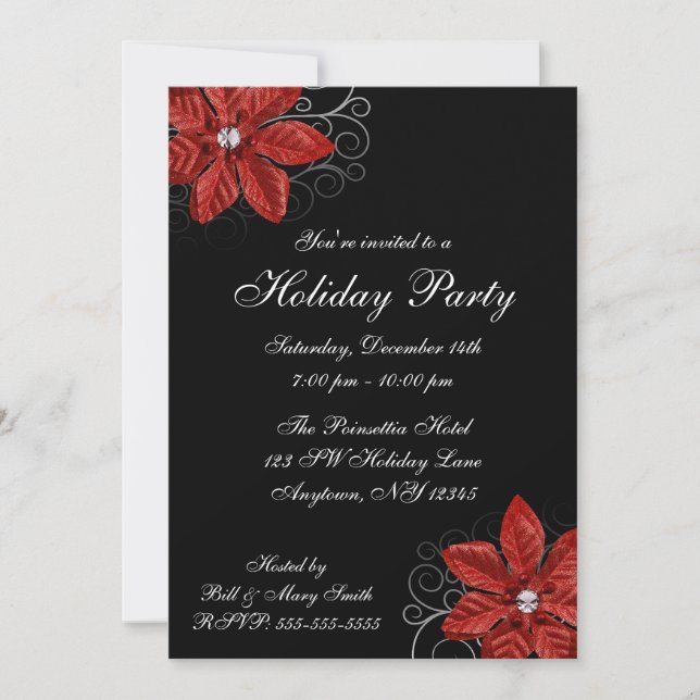 Black Red Poinsettia Swirls Holiday Party Invitation (Front)