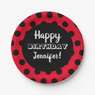 Black & Red Polka Dot Custom Birthday Paper Plate