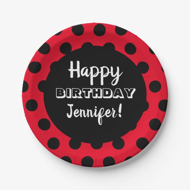 Black & Red Polka Dot Custom Birthday Paper Plate (Front)