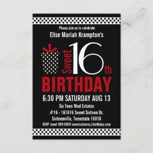 Black Red Polkadots Sweet 16 Birthday Invitation