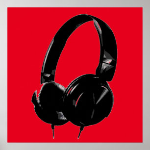 Black Red Pop Art Style Headphone Poster