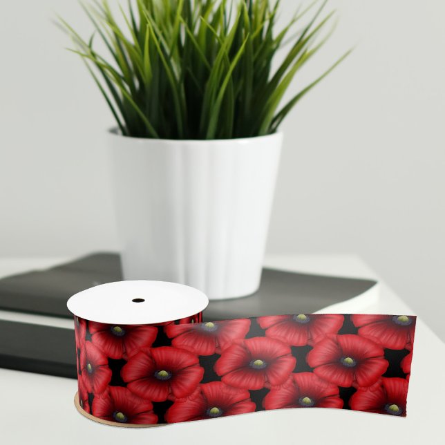 Black Red Poppy Flowers Floral Satin Ribbon (Perfect poppy ribbon suitable for any occasion you need poppy ribbon)