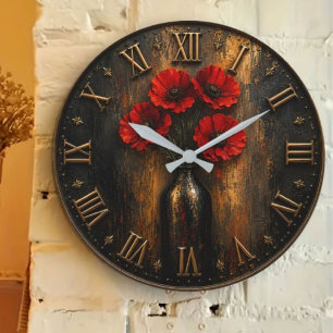 Black & Red Poppy Modern Luxury Floral Decor Large Clock