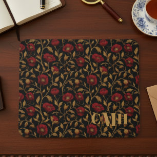 Black & Red Poppy Vintage William Morris Monogram Mouse Mat