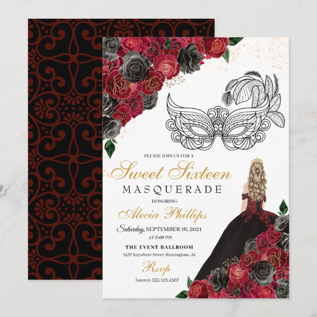 Black Red Princess Tiara Masquerade Sweet 16 Invitation (Front/Back)