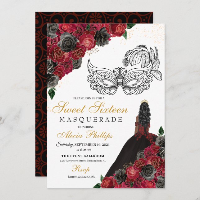 Black Red Princess Tiara Masquerade Sweet 16 Invitation (Front/Back)