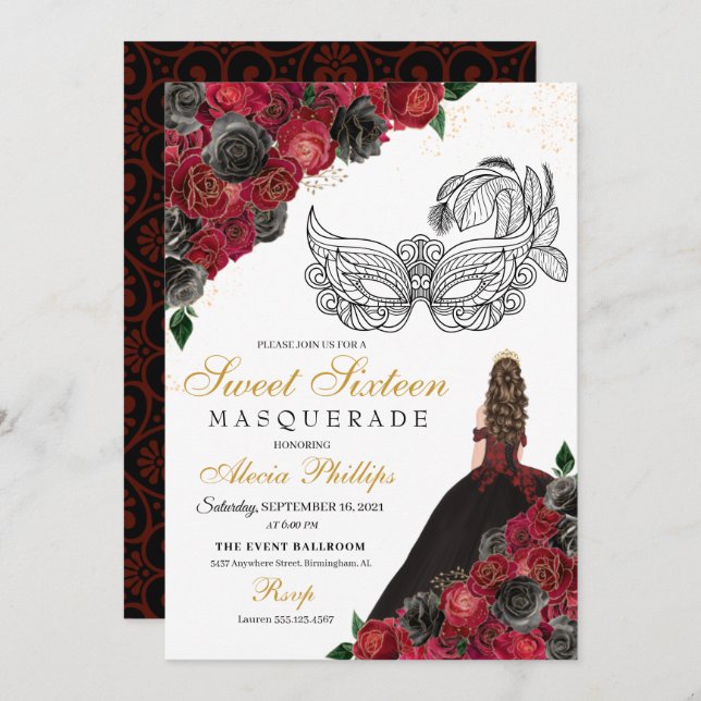 Black Red Princess Tiara Masquerade Sweet 16 Invitation (Front/Back)