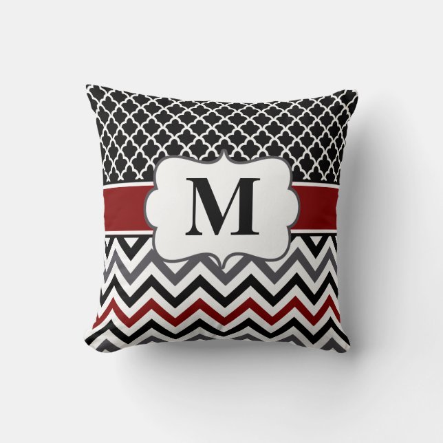 Black Red Quatrefoil Chevron Cushion (Front)