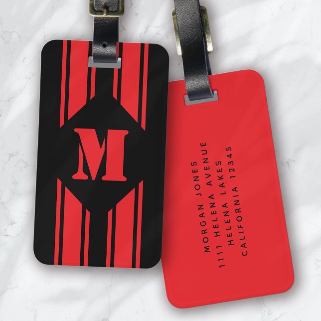 Black Red Racing Stripes Monogram Luggage Tag (Creator Uploaded)
