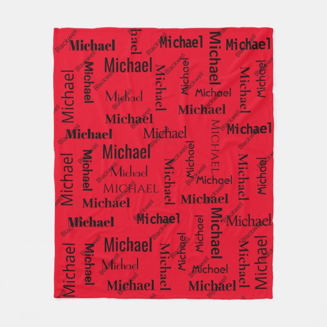 Black & Red Repeating First & Last Name Fleece Blanket (Front)