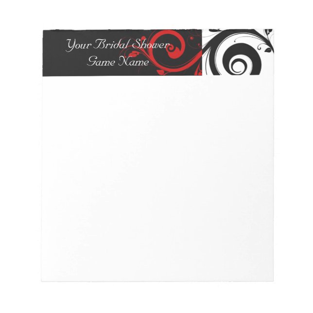 Black Red Reverse Swirl Bridal Shower Game General Notepad (Front)