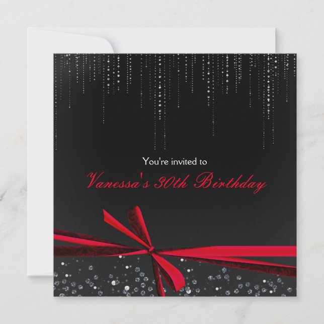 Black Red Ribbon Bow Rhinestones Party Invitations (Front)
