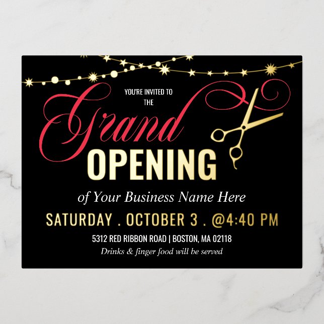 Black Red Ribbon Cutting Grand Opening Gold Foil Foil Invitation Postcard (Front)