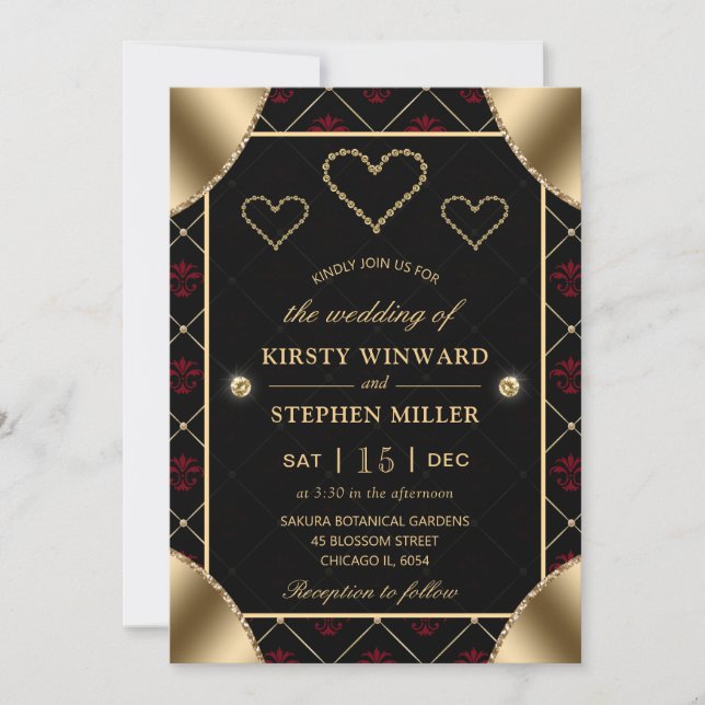 Black & Red Rose Pattern & Gold Diamonds Wedding Invitation (Front)