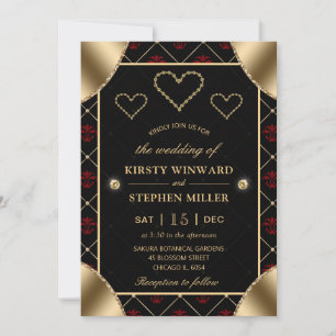 Black & Red Rose Pattern & Gold Diamonds Wedding Invitation