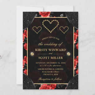 Black & Red Rose Pattern & Gold Diamonds Wedding Invitation