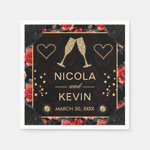 Black & Red Rose Pattern & Gold Diamonds Wedding Napkin