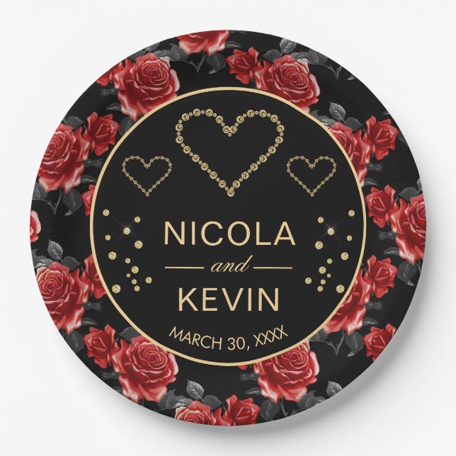 Black & Red Rose Pattern & Gold Diamonds Wedding Paper Plate (Front)
