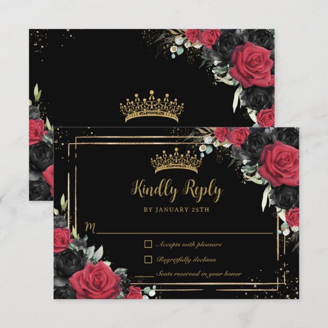 Black Red Roses Floral Gold Quinceañera Sweet 16 RSVP Card (Front/Back)