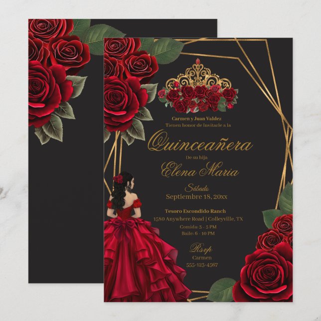 Black Red Roses Gold Princess Quinceañera  Invitation (Front/Back)