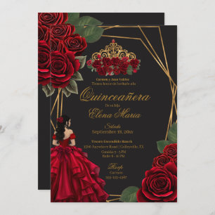 Black Red Roses Gold Princess Quinceañera  Invitation