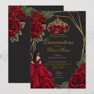 Black Red Roses Gold Princess Quinceañera Invitation
