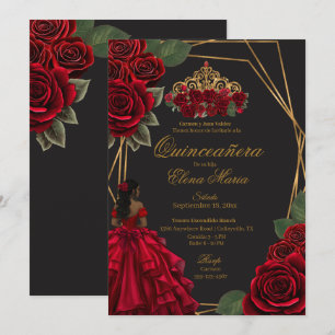 Black Red Roses Gold Princess Quinceañera Invitation