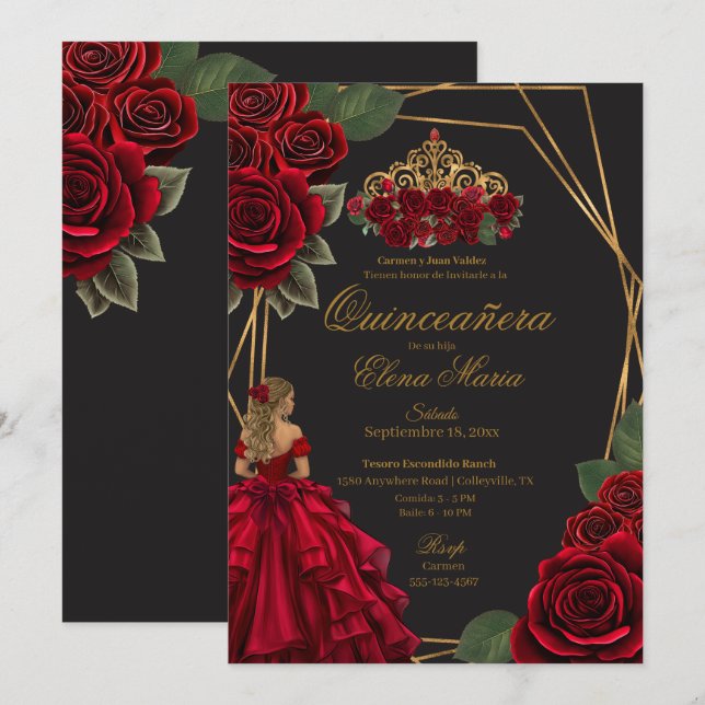 Black Red Roses Gold Princess Quinceañera  Invitation (Front/Back)