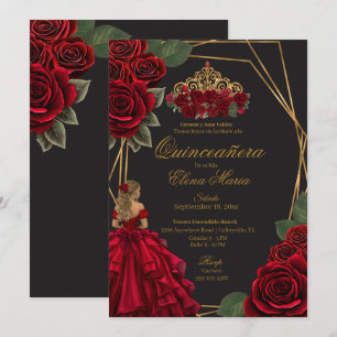Black Red Roses Gold Princess Quinceañera  Invitation