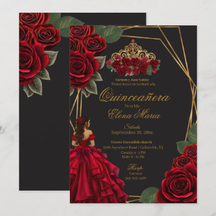 Black Red Roses Gold Princess Quinceañera  Invitation