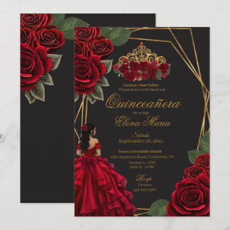 Black Red Roses Gold Princess Quinceañera Invitation