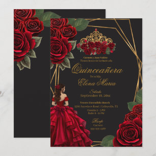 Black Red Roses Gold Princess Quinceañera  Invitation